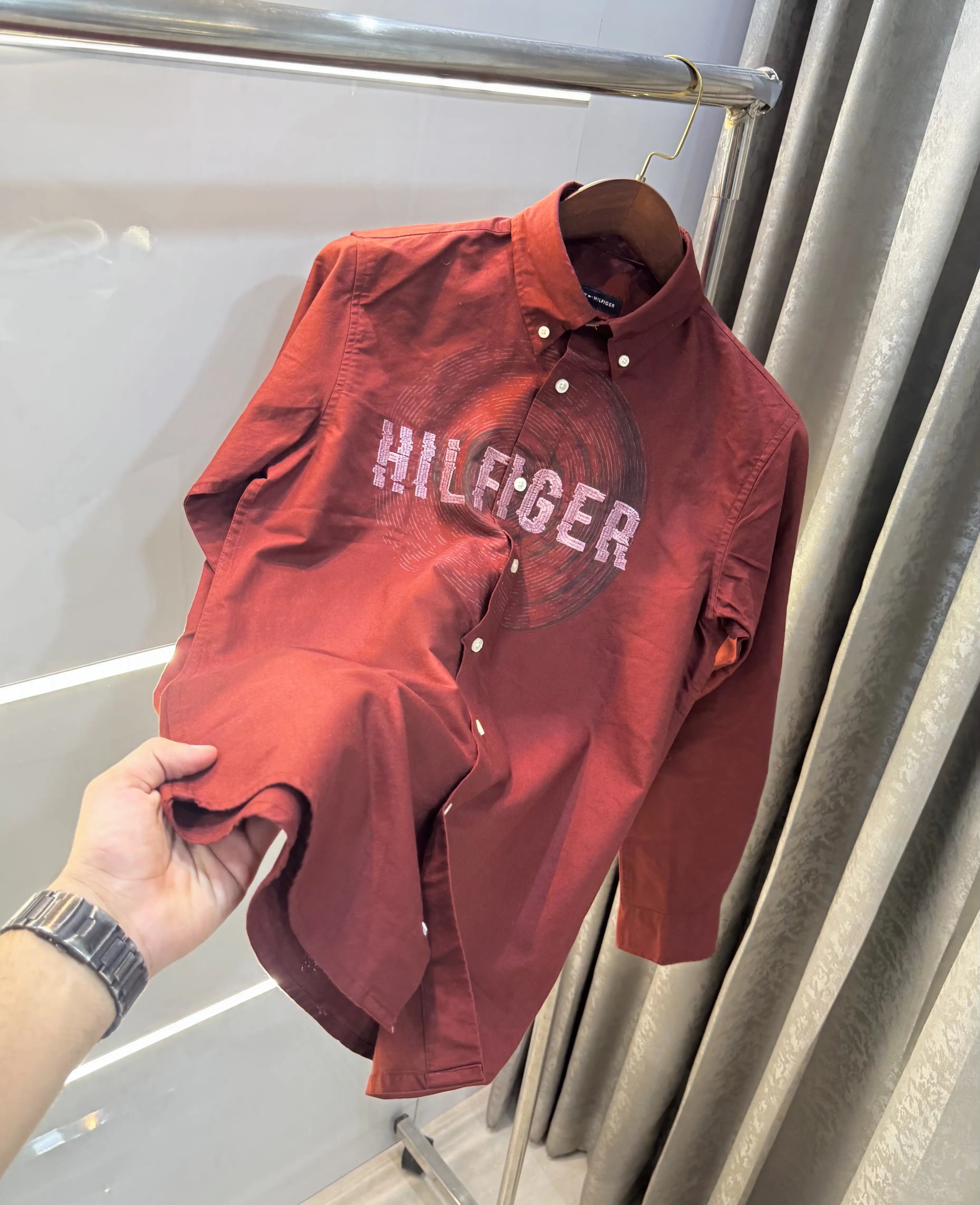 Tommy Hilfiger Maroon Embroidery Logo Work Premium Shirt
