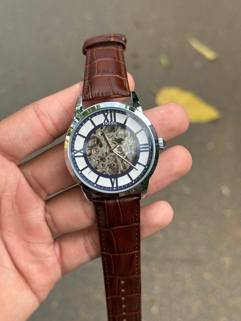 Fossi l Open Machine Automatic Silver Brown Leather Main image