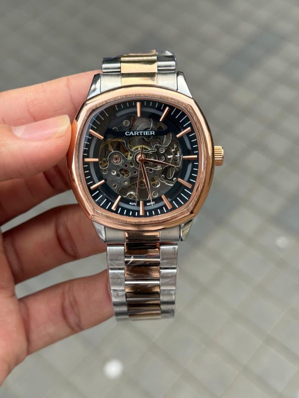 Cartie r Square Skeleton Automatic Rose Two Tone Black Dial