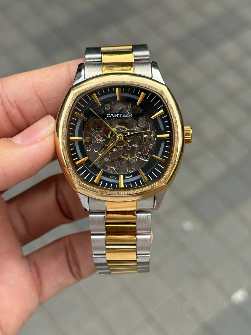 Cartie r Square Skeleton Automatic Gold Two Tone Black Dial