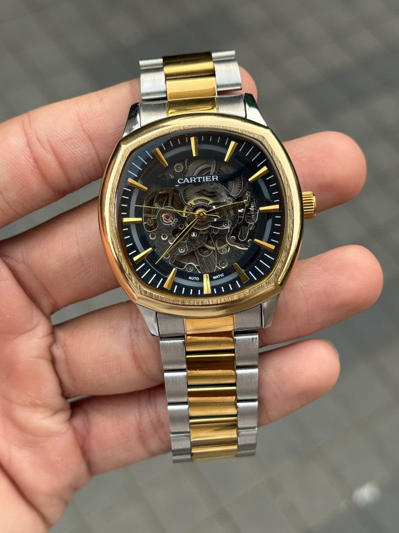 Cartie r Square Skeleton Automatic Gold Two Tone Black Dial