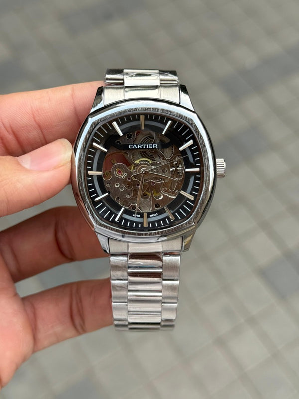 Cartie r Square Skeleton Automatic Silver Black