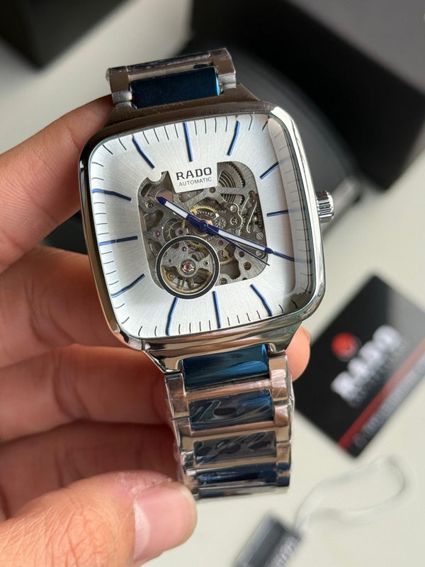 Rad o True Square Skeleton Automatic Silver Blue White Dial