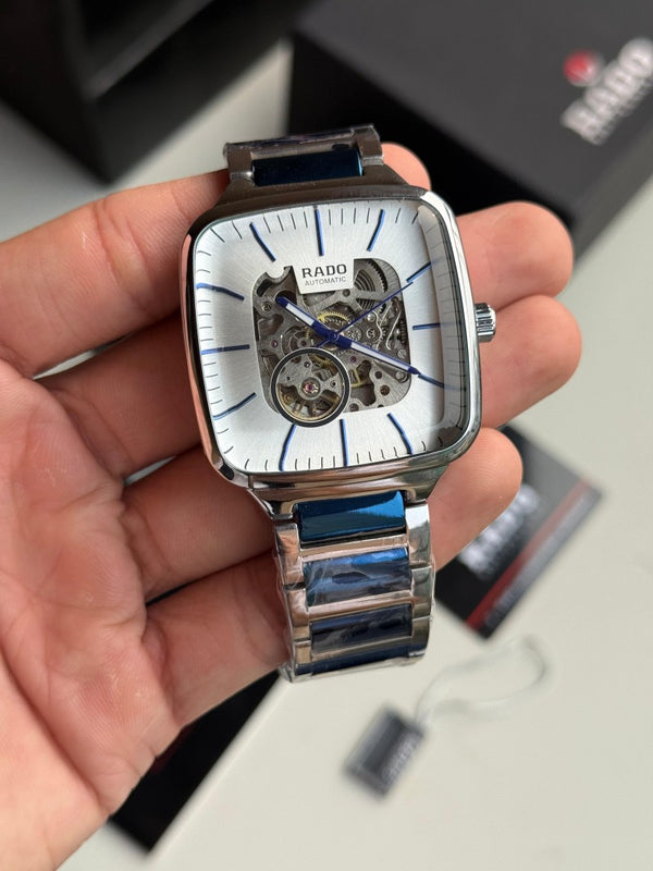 Rad o True Square Skeleton Automatic Silver Blue White Dial
