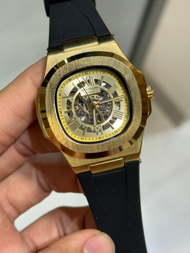 Patek Phillip e Nautilus Skeleton Silicone Full Gold Black