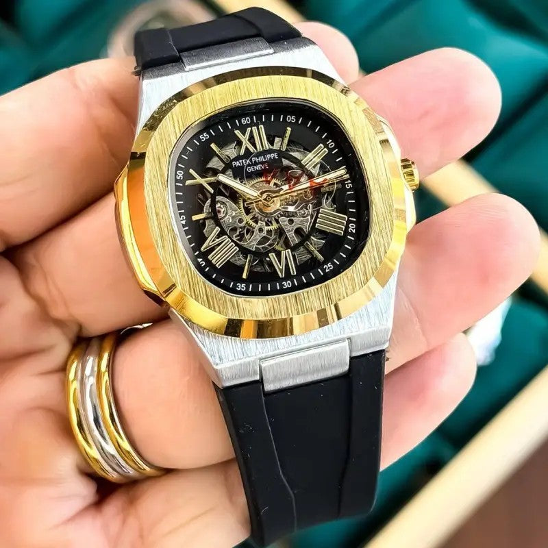 Patek Phillip e Nautilus Skeleton Silicone Gold Two Tone Black