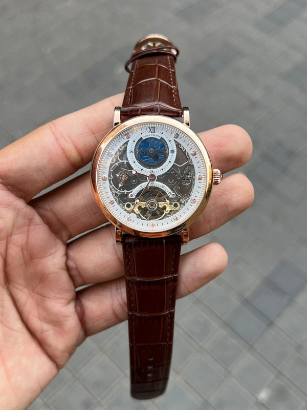 Patek Philipp e Premium Leather Sunmoon Brown White Dial