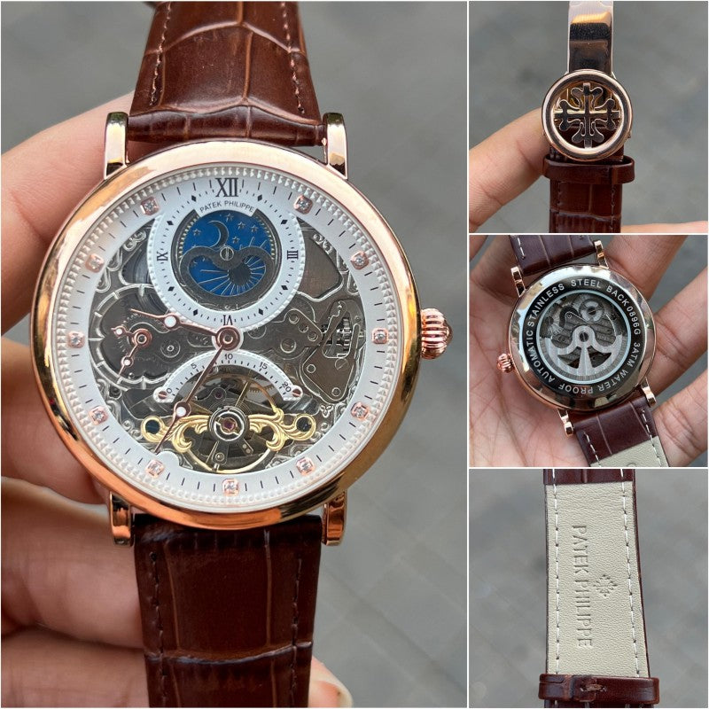 Patek Philipp e Premium Leather Sunmoon Brown White Dial