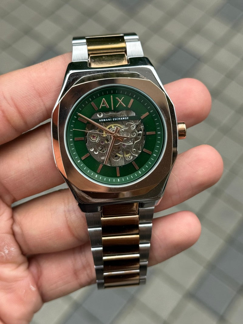 Arman i Exchange Skeleton Square Open Machine Rose Two Tone Green Dial