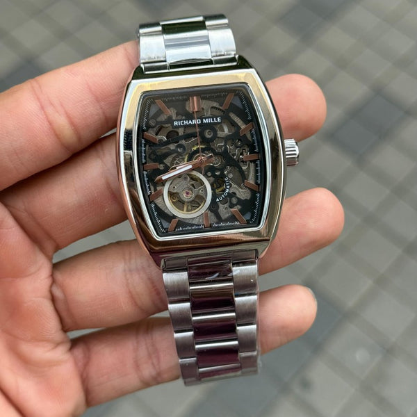 Richard Mill e Open Heart Skeleton Rectangular Silver Black