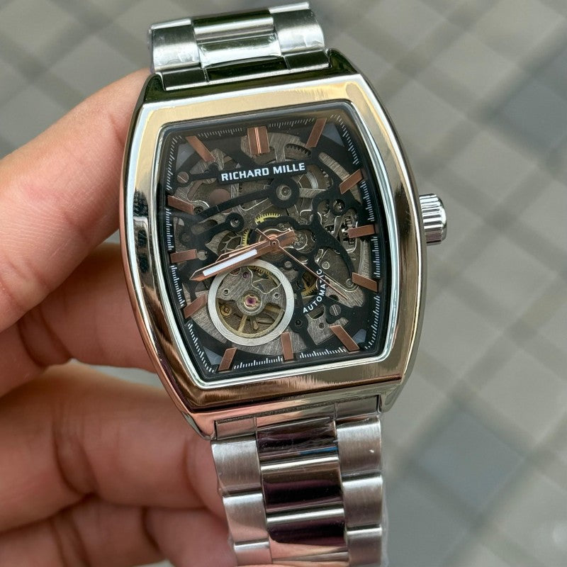 Richard Mill e Open Heart Skeleton Rectangular Silver Black