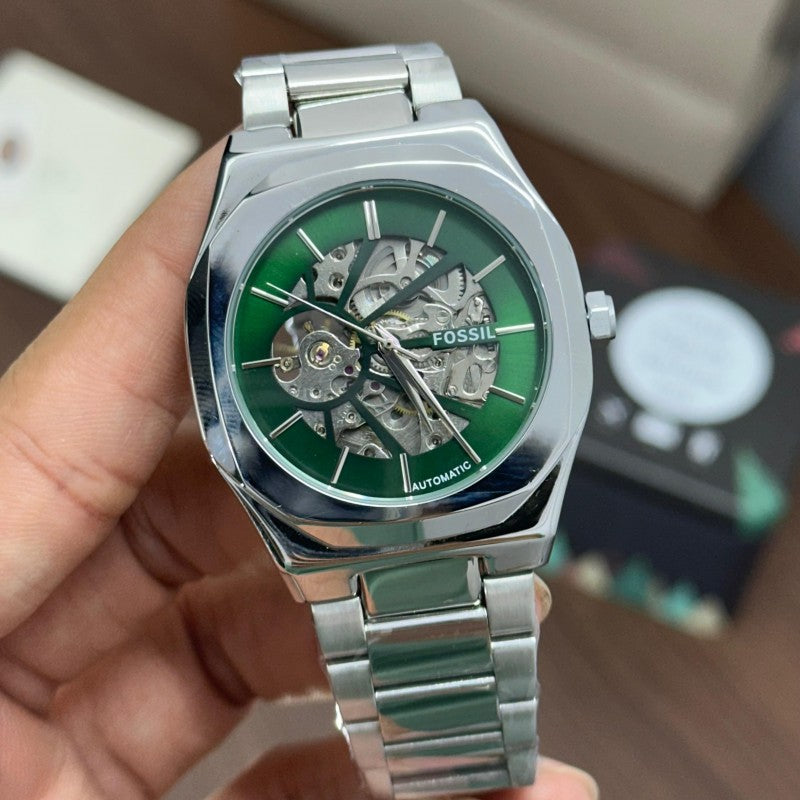 Fossi l Skeleton Automatic Silver Green