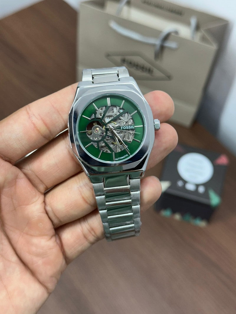 Fossi l Skeleton Automatic Silver Green