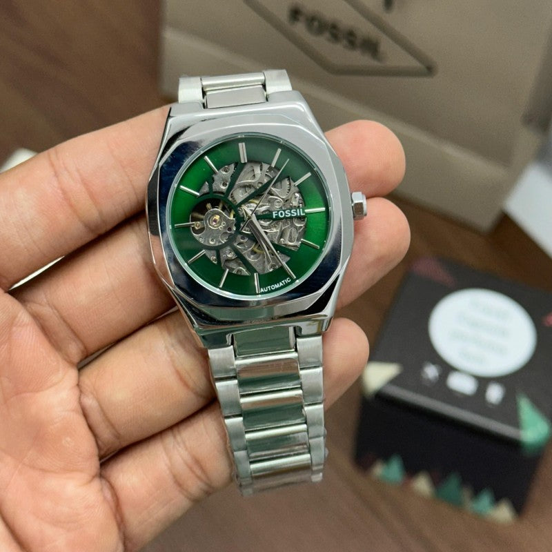 Fossi l Skeleton Automatic Silver Green