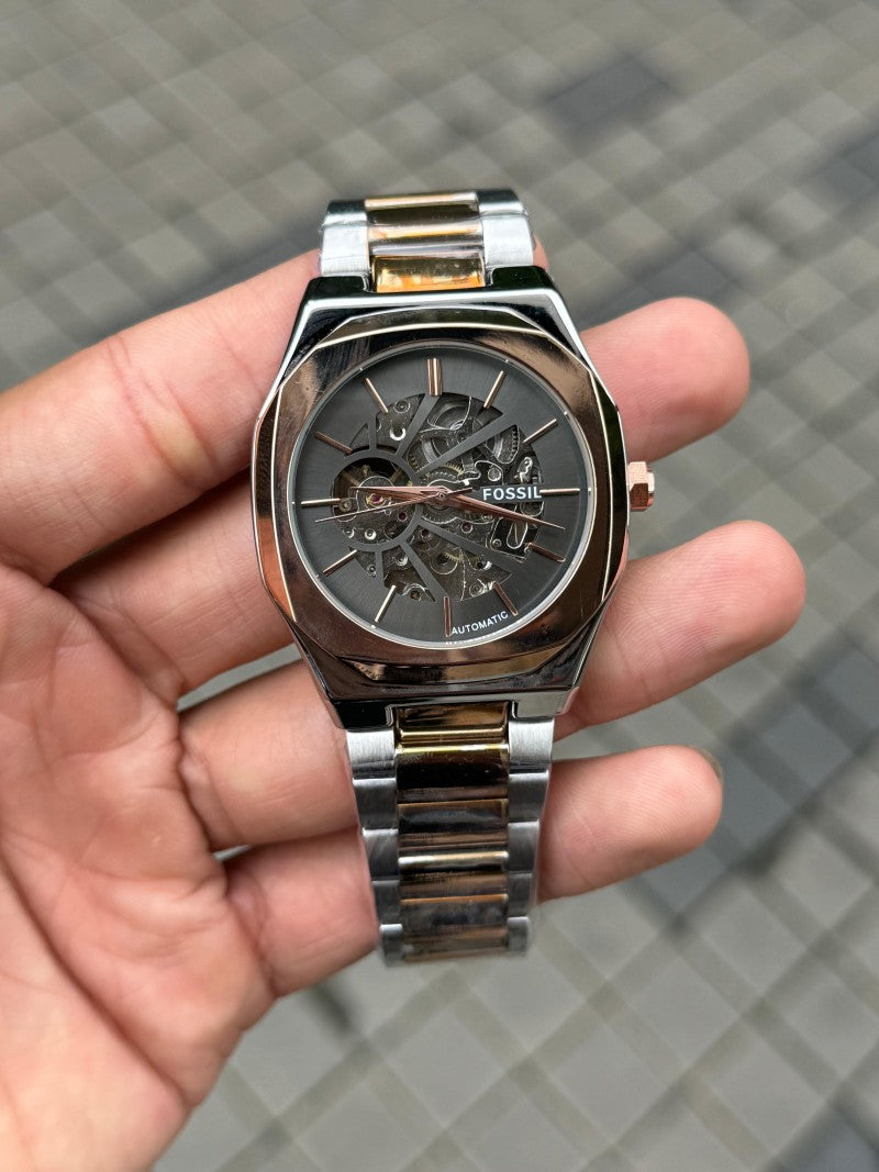 Fossi l Skeleton Automatic Rose Two Tone Black Dial