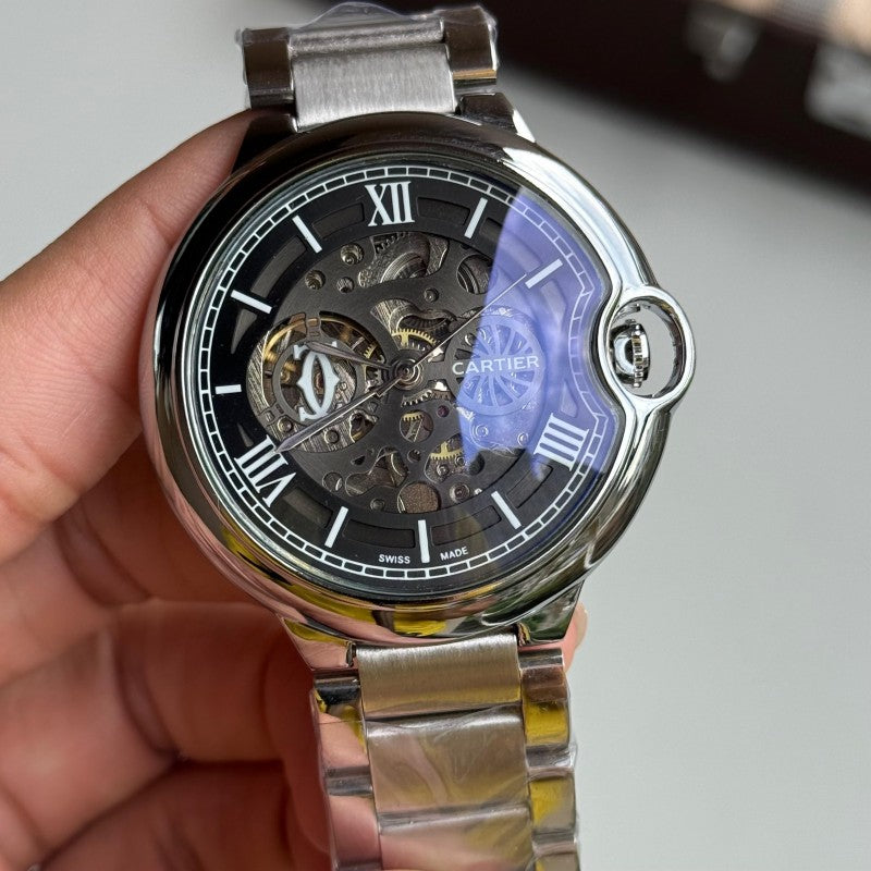 Cartie r Ballon Skeleton Premium Automatic Movement Silver Black