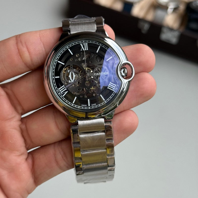 Cartie r Ballon Skeleton Premium Automatic Movement Silver Black