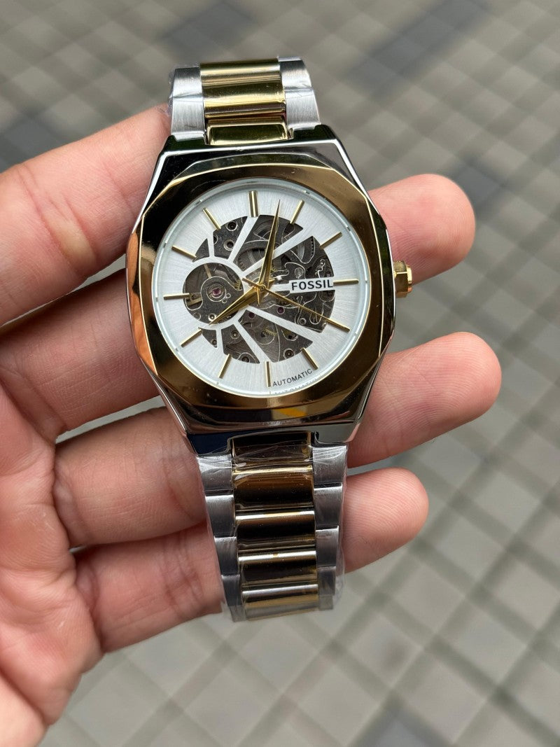Fossi l Skeleton Automatic Gold Two Tone White Dial