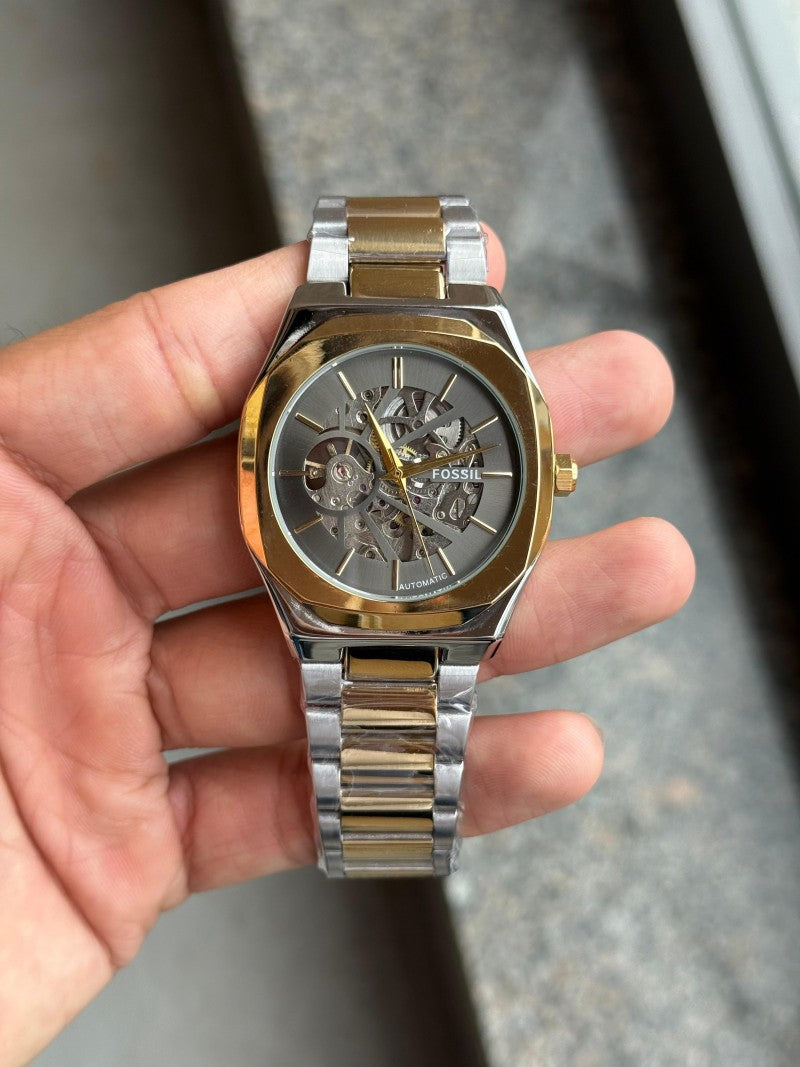 Fossi l Skeleton Automatic Gold Two Tone Black Dial