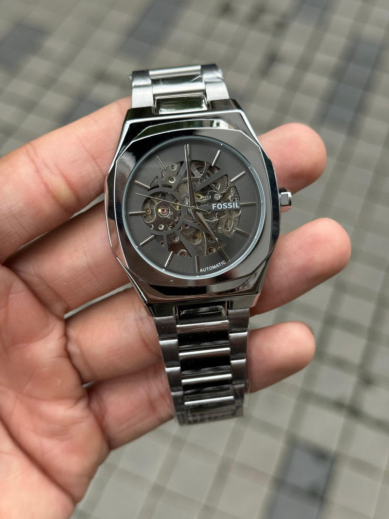 Fossi l Skeleton Automatic Silver Black