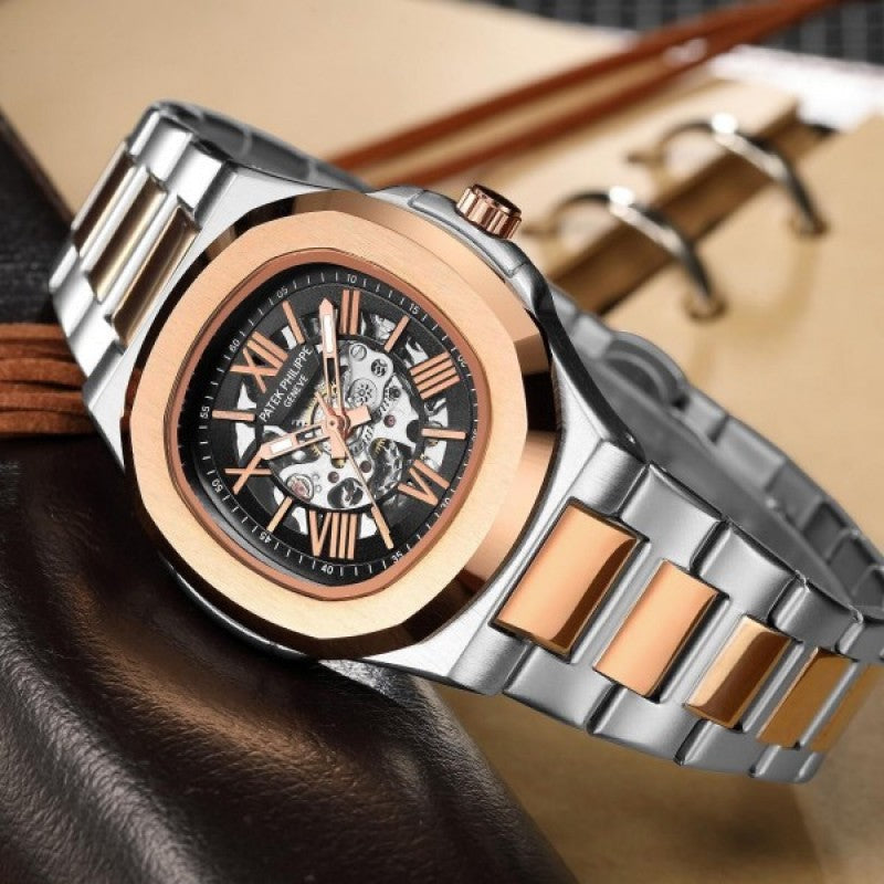 Patek Phillep e Skeleton Automatic Rose Gold Two Tone Black Dial