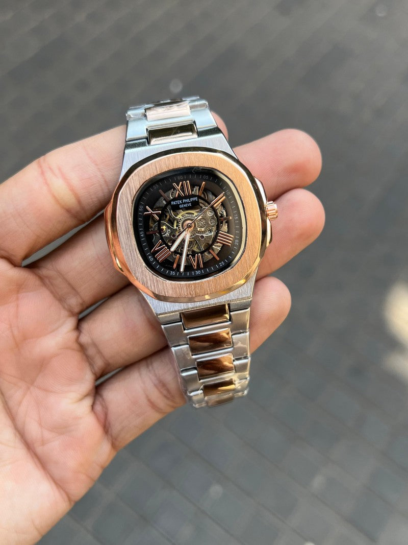Patek Phillep e Skeleton Automatic Rose Gold Two Tone Black Dial