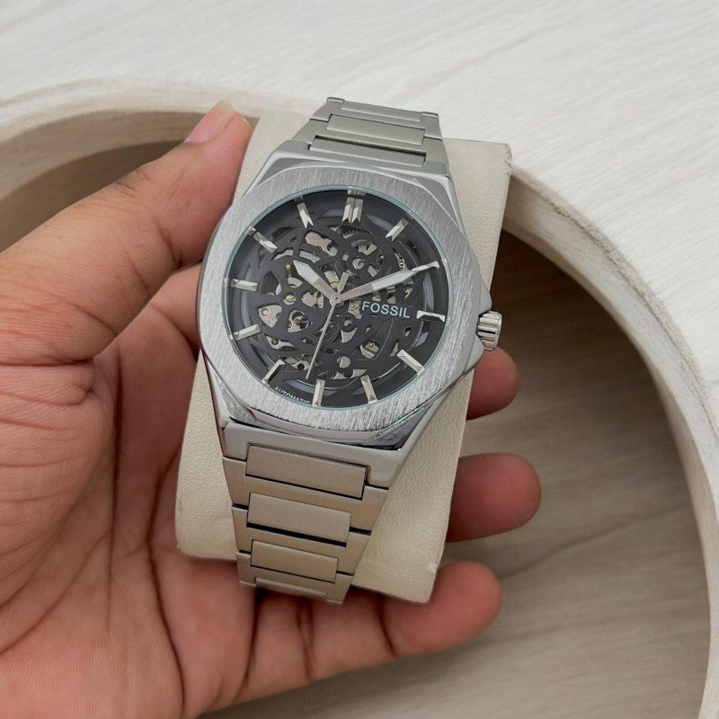 Fossi l Skeleton Automatic Silver Black