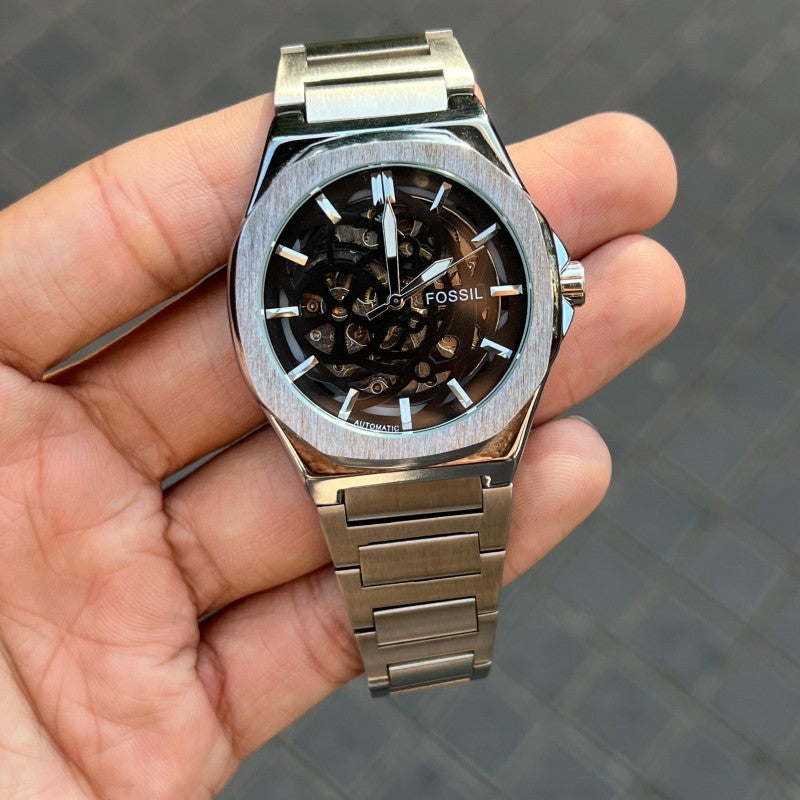 Fossi l Skeleton Automatic Silver Black