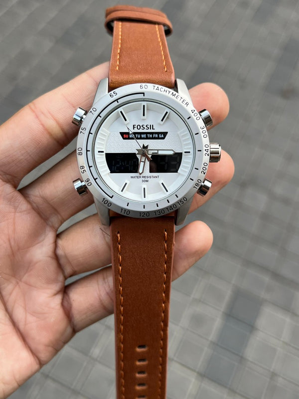 Fossi l Dual Time Silver Brown