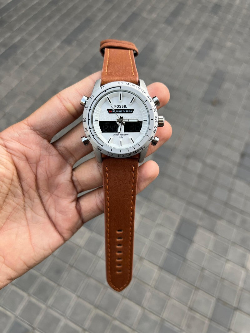 Fossi l Dual Time Silver Brown