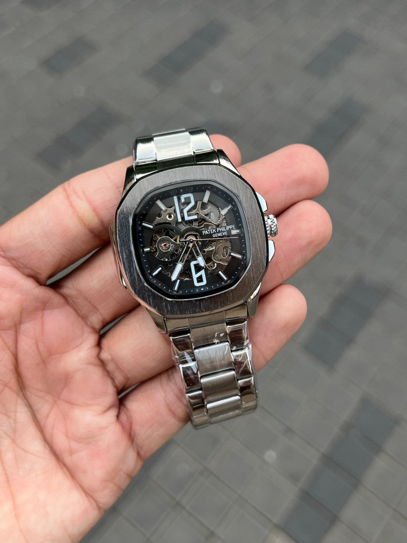Patek Phillip e Nautilus Auto Silver Black Chain