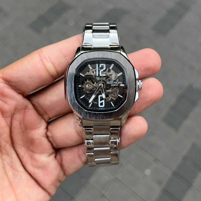 Patek Phillip e Nautilus Auto Silver Black Chain