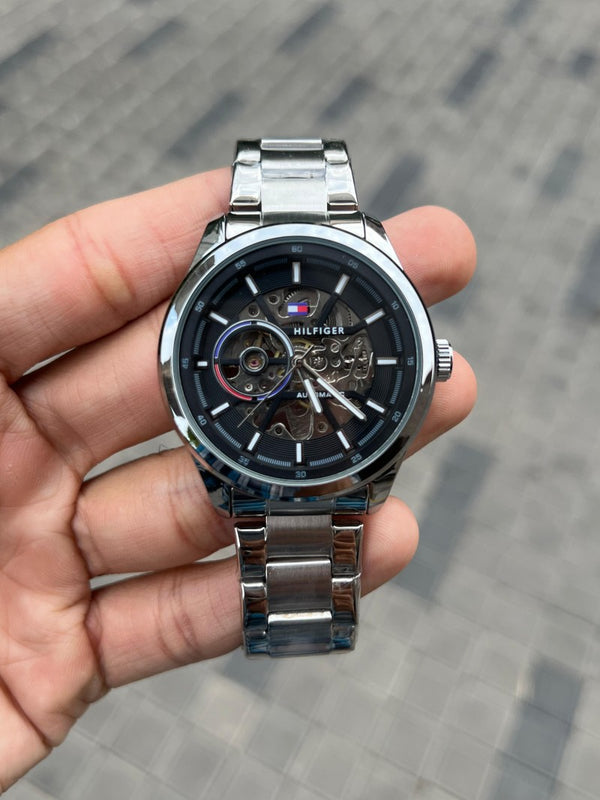 Tommy Hilfige r Automatic Silver Black Chain