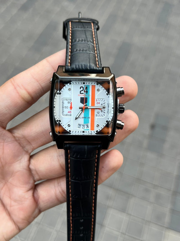 Tag Heue r Monaco Black Leather White Dial