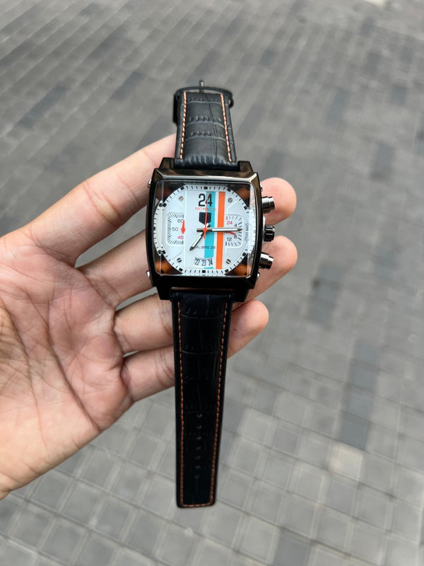 Tag Heue r Monaco Black Leather White Dial
