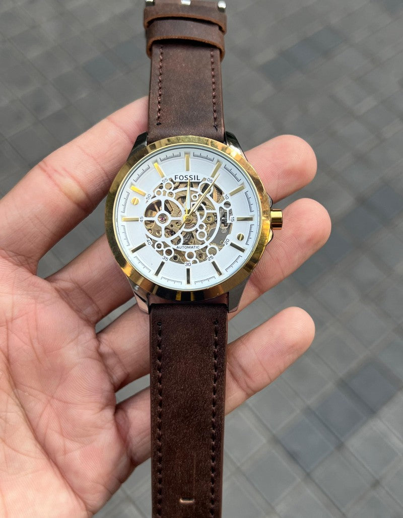 Fossi l Skeleton Automatic Two Tone Gold Brown Leather