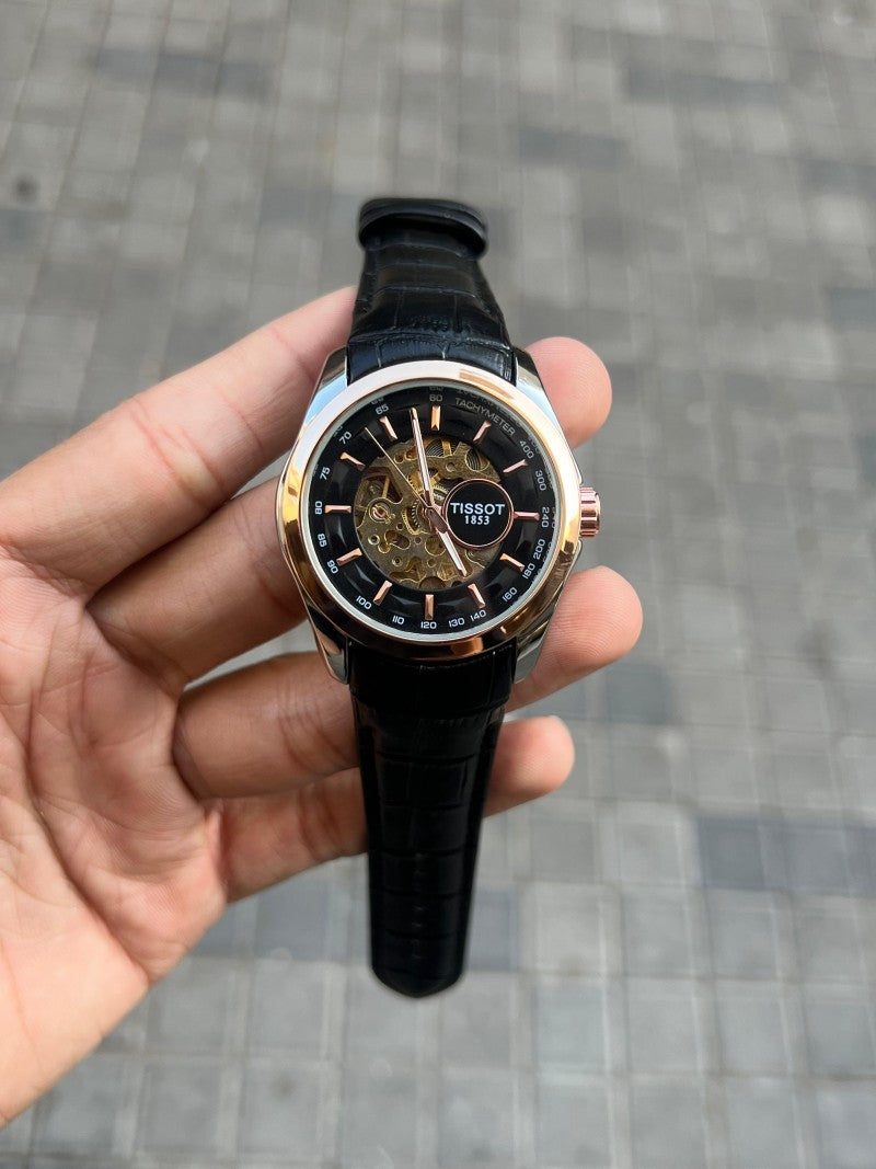 Tisso t 1853 Skeleton Automatic Two Tone Black Leather