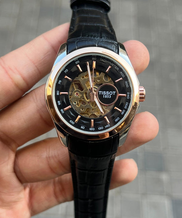 Tisso t 1853 Skeleton Automatic Two Tone Black Leather