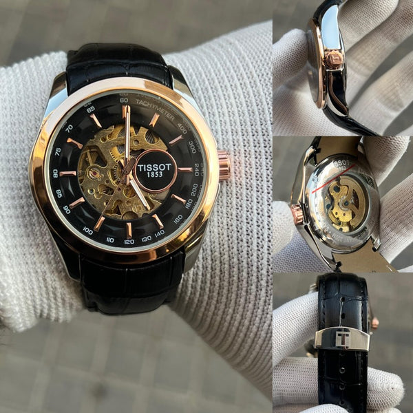 Tisso t 1853 Skeleton Automatic Two Tone Black Leather