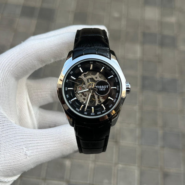 Tisso t 1853 Skeleton Automatic Silver Black leather