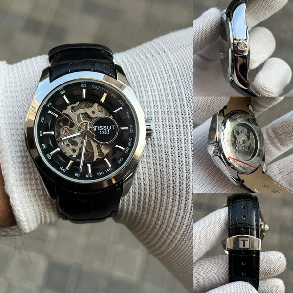 Tisso t 1853 Skeleton Automatic Silver Black leather