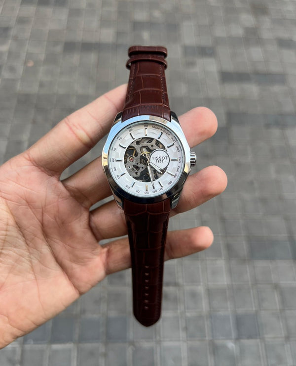 Tisso t 1853 Skeleton Automatic Silver Brown leather