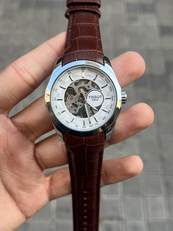Tisso t 1853 Skeleton Automatic Silver Brown leather