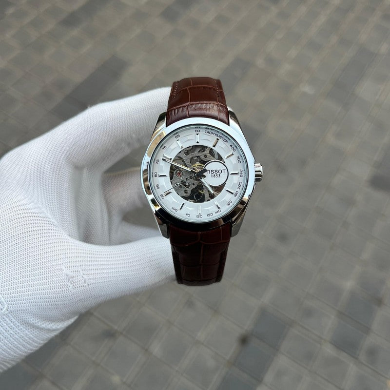 Tisso t 1853 Skeleton Automatic Silver Brown leather