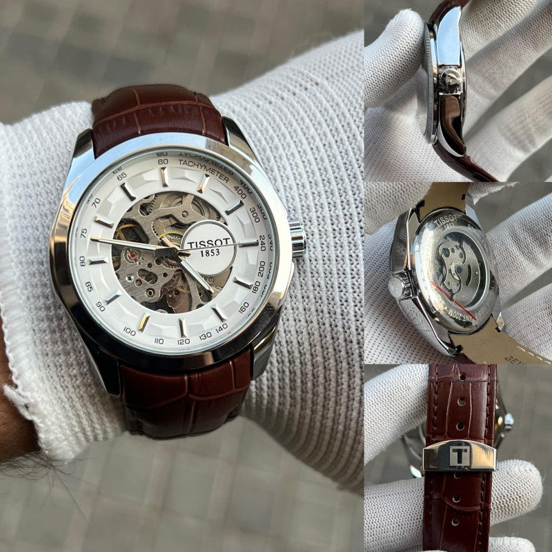 Tisso t 1853 Skeleton Automatic Silver Brown leather