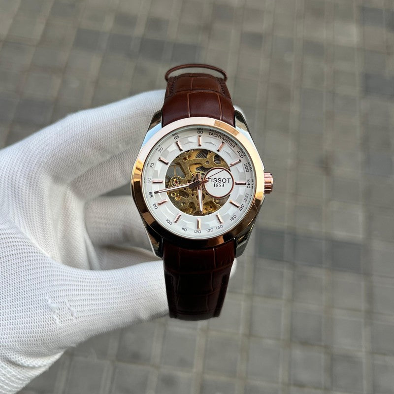 Tisso t 1853 Skeleton Automatic Two Tone Brown leather