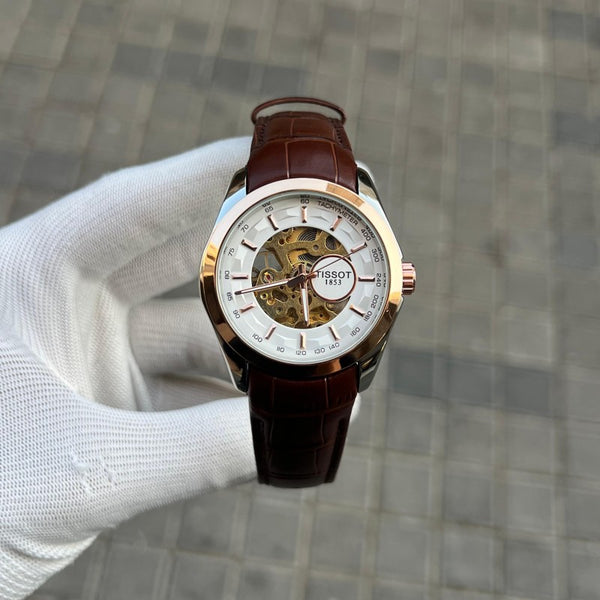 Tisso t 1853 Skeleton Automatic Two Tone Brown leather