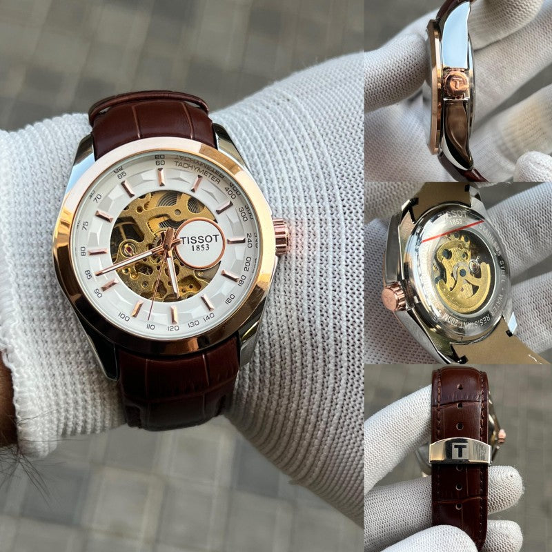 Tisso t 1853 Skeleton Automatic Two Tone Brown leather
