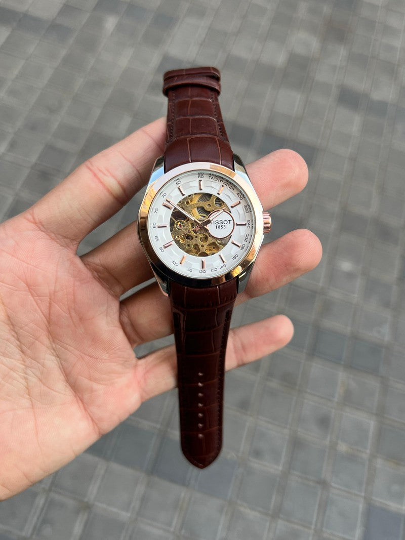 Tisso t 1853 Skeleton Automatic Two Tone Brown leather