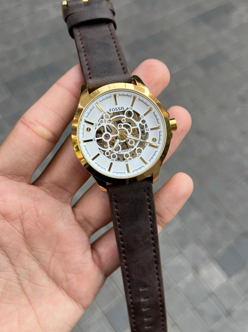 Fossi l Skeleton Automatic Gold Brown Leather